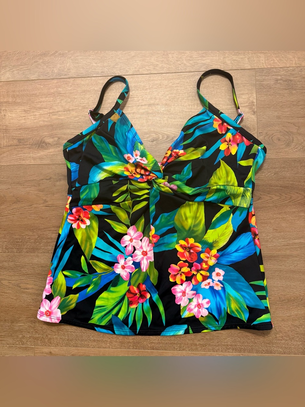 Women’s Black Tropical Floral Tankini Top - Vibrant Multi-Color